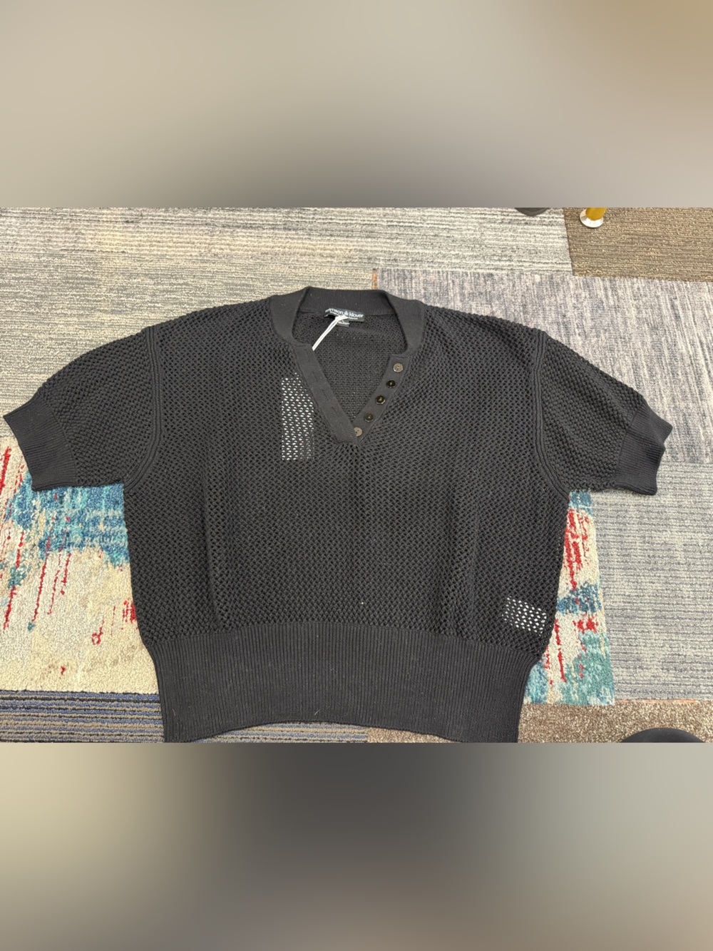 Krimson Klover Tansy Henley Short-Sleeve V-Neck Open-Knit Sweater - Black